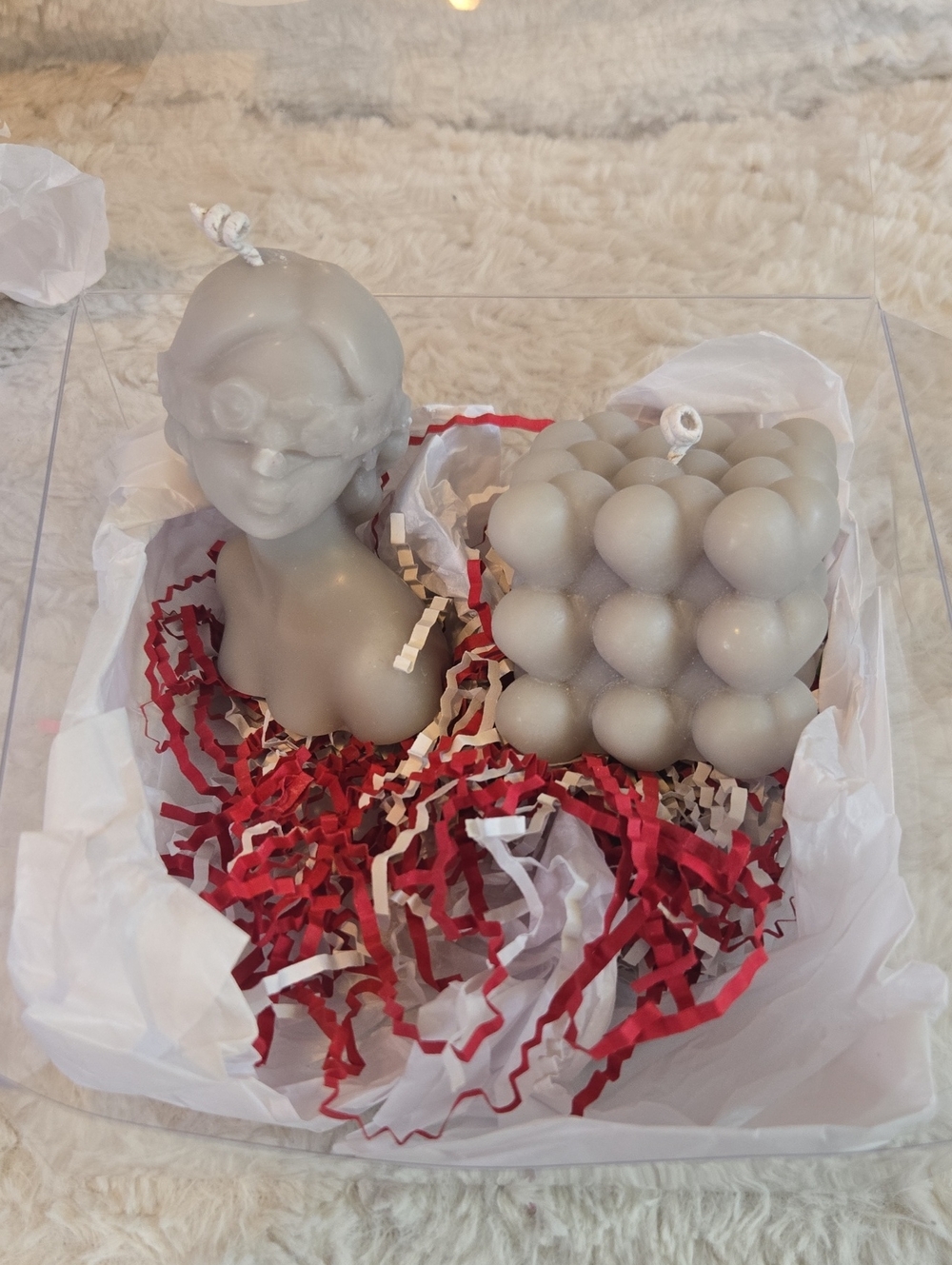 Decorative Gray Bubble Cube & Sculpted Bust Candle Set
